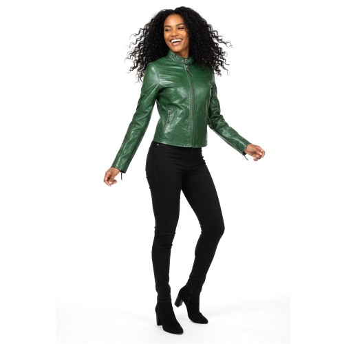Blouson Femme – Cuir d’Agneau Vert Profond Col Mao