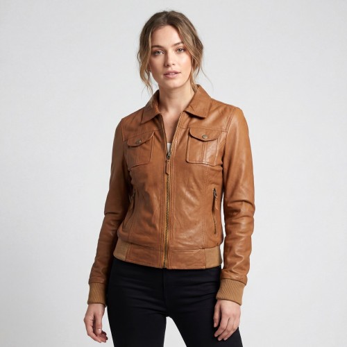 Blouson femme en cuir d’agneau marron avec col chemise