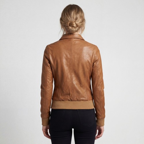 Blouson femme en cuir d’agneau marron avec col chemise