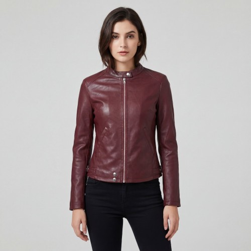 Blouson Femme en Cuir d’Agneau – Rouge Bordeaux
