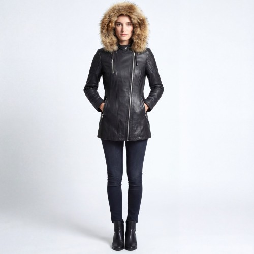 Veste Mi-Longue – Cuir d’Agneau avec Capuche Amovible