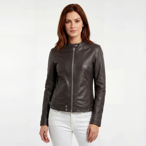 Blouson Femme en Cuir d’Agneau – Gris Cendré