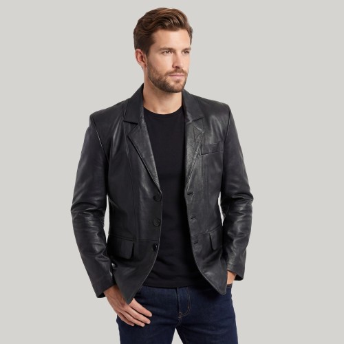 Blazer Homme Trois Boutons en Cuir d’Agneau – Noir