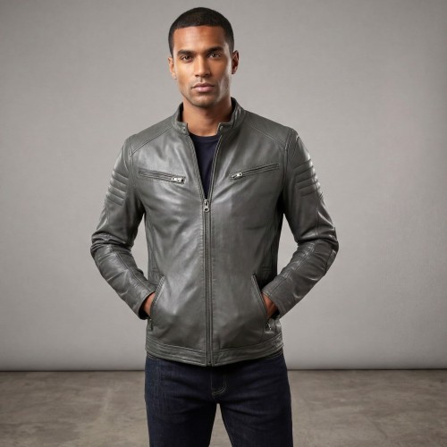 Blouson cuir homme gris vert col rond et épaules matelassées