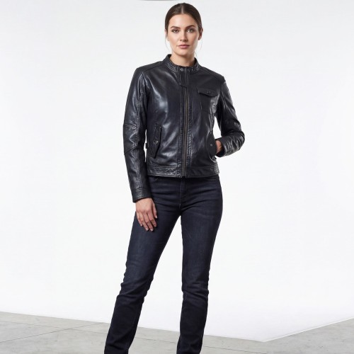 Blouson Femme – Cuir d'Agneau Noir Col Mao