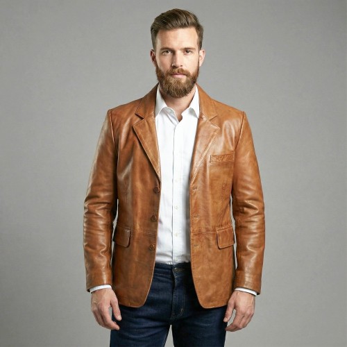 Veste Homme Blazer Trois Boutons en Cuir d'Agneau – Marron Cognac