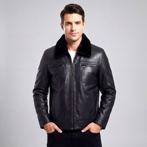 Veste homme en cuir noir d’agneau véritable avec col amovible.