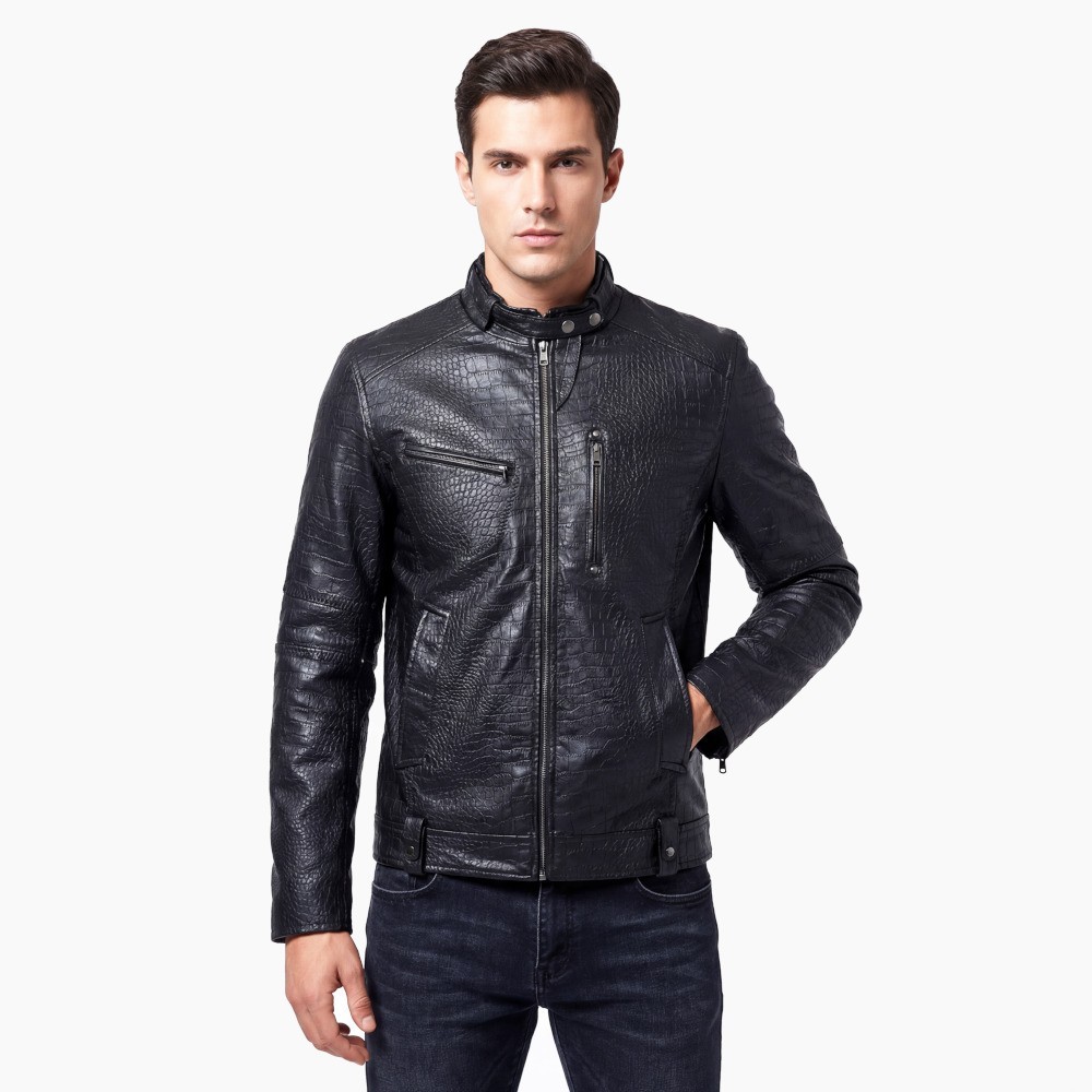 Blouson motard en cuir d’agneau imprimé noir effet croco