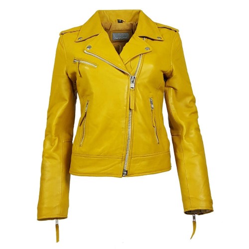 blouson style perfecto femme en cuir jaune vif – blouson biker audacieux et lumineux