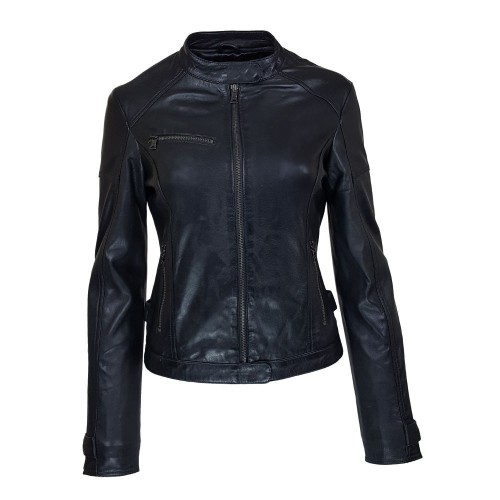 Blouson cuir noir col Mao femme – style intemporel et élégant