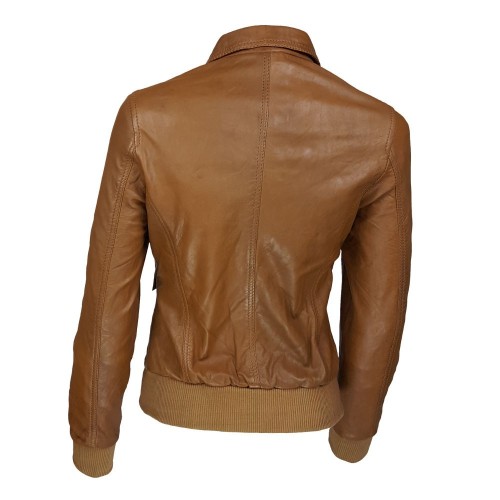 Blouson femme en cuir d’agneau marron avec col chemise
