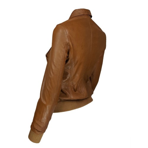 Blouson femme en cuir d’agneau marron avec col chemise