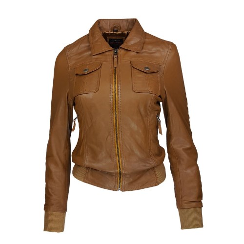 Blouson femme en cuir d’agneau marron avec col chemise