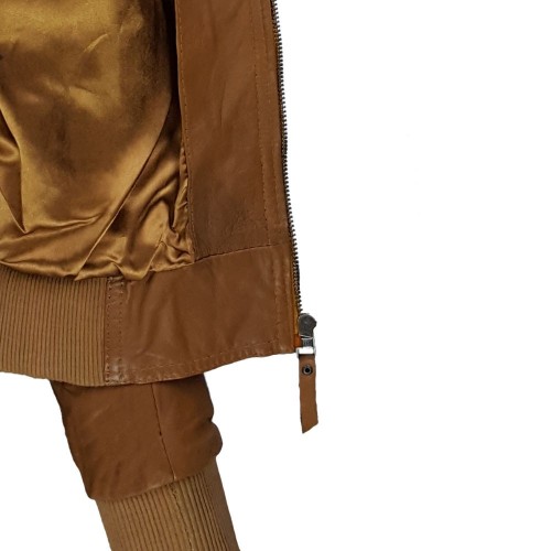 Blouson femme en cuir d’agneau marron avec col chemise