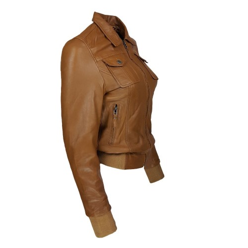 Blouson femme en cuir d’agneau marron avec col chemise