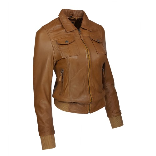 Blouson femme en cuir d’agneau marron avec col chemise