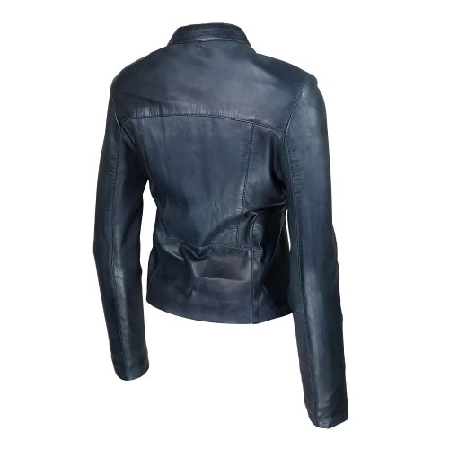 Blouson femme en cuir d’agneau bleu profond – col Mao élégant