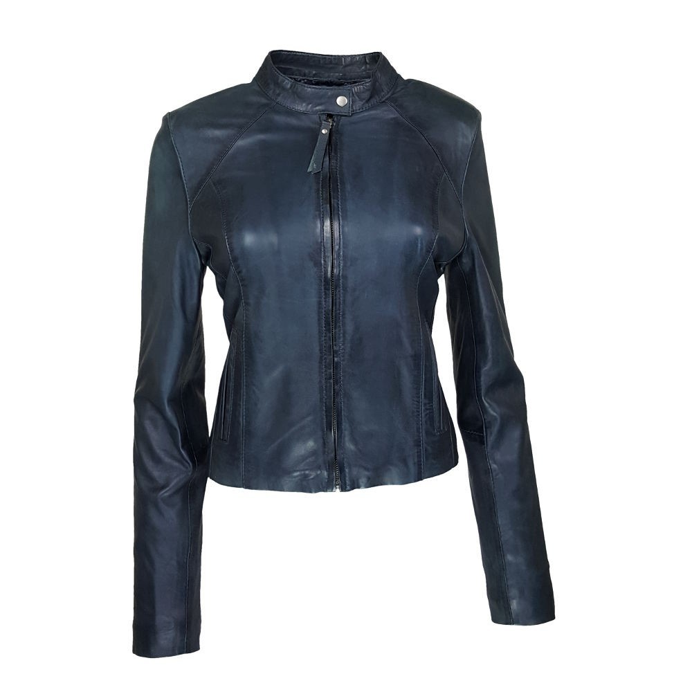Blouson femme en cuir d’agneau bleu profond – col Mao élégant