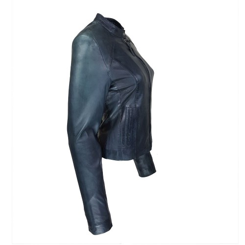 Blouson femme en cuir d’agneau bleu profond – col Mao élégant