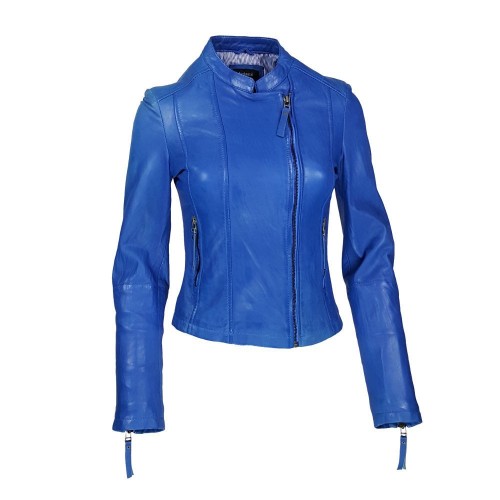 Blouson en cuir bleu avec fermeture asymétrique et col Mao