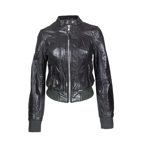 Blouson cuir noir brillant col rond– Style froissé audacieux