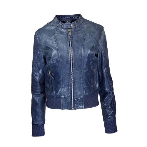 Blouson en cuir bleu avec col rond et finitions bords-côtes