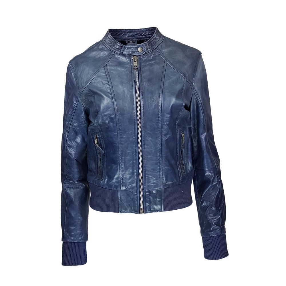 Blouson en cuir bleu avec col rond et finitions bords-côtes