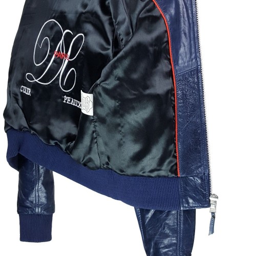 Blouson en cuir bleu avec col rond et finitions bords-côtes