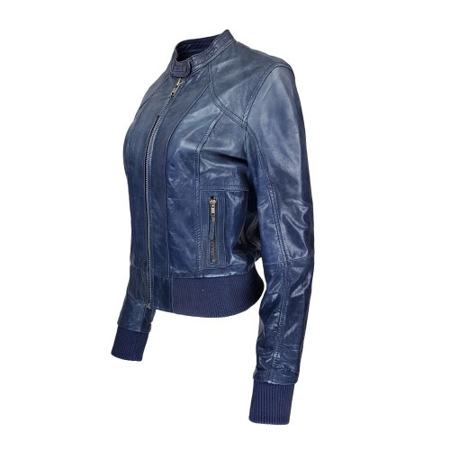 Blouson en cuir bleu avec col rond et finitions bords-côtes