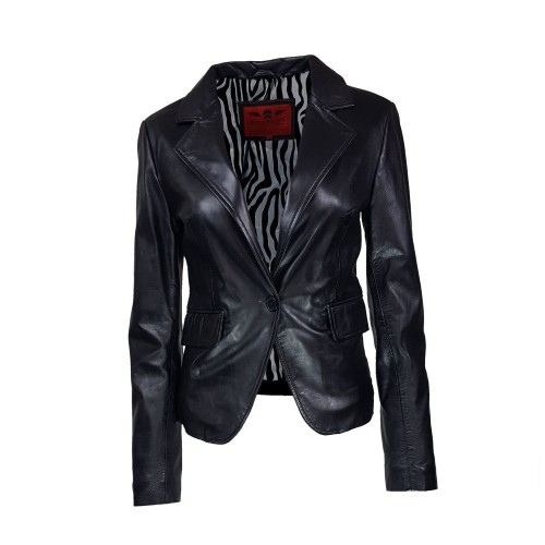 Veste courte blazer cuir noir femme avec col cranté et coupe ajustée