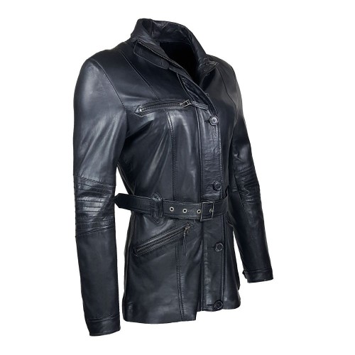Veste 3/4 noire femme – Élégante, zippée et ceinturée
