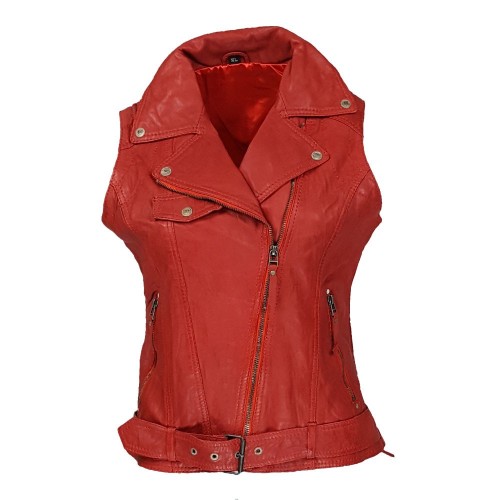 Gilet sans manches femme en cuir d’agneau rouge, coupe cintrée avec ceinture ajustable et poches zippées.