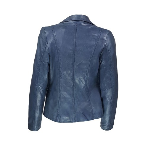 Blazer en cuir bleu profond pour femme, coupe ajustée avec col cranté et fermeture à deux boutons