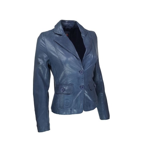 Blazer en cuir bleu profond pour femme, coupe ajustée avec col cranté et fermeture à deux boutons