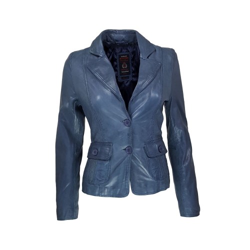 Blazer en cuir bleu profond pour femme, coupe ajustée avec col cranté et fermeture à deux boutons