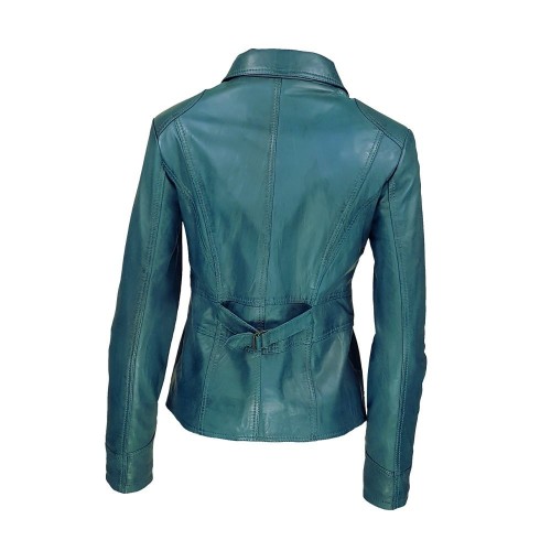 Blouson cuir femme vert turquoise, col chemise et zip droit
