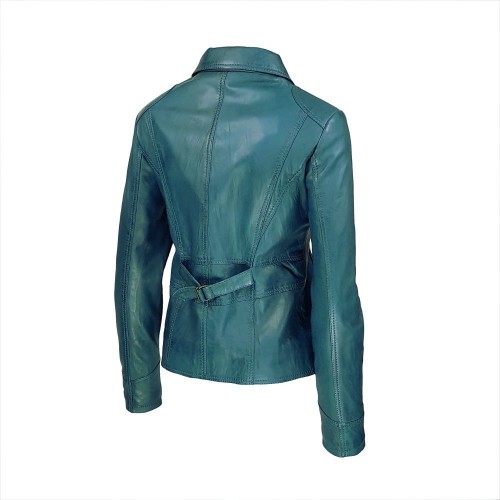 Blouson cuir femme vert turquoise, col chemise et zip droit