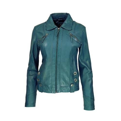 Blouson cuir femme vert turquoise, col chemise et zip droit