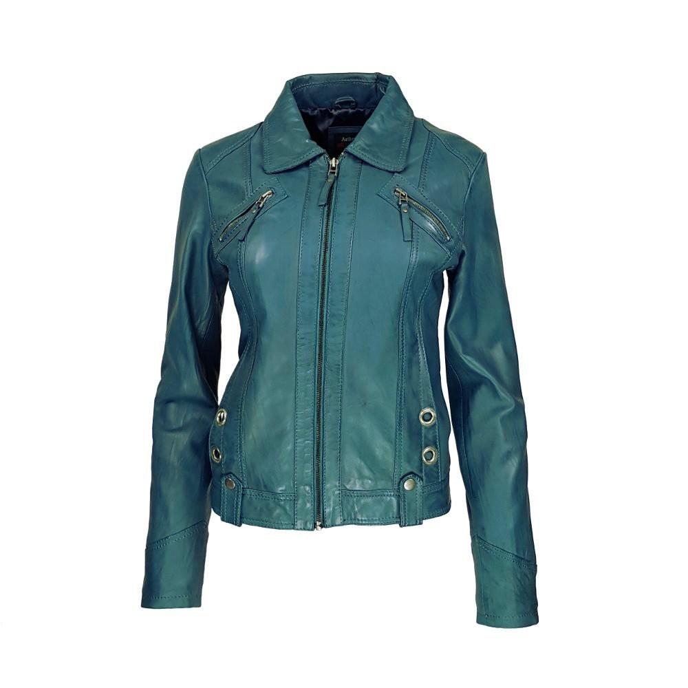Blouson cuir femme vert turquoise, col chemise et zip droit