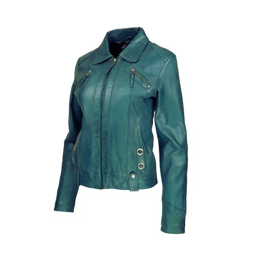 Blouson cuir femme vert turquoise, col chemise et zip droit
