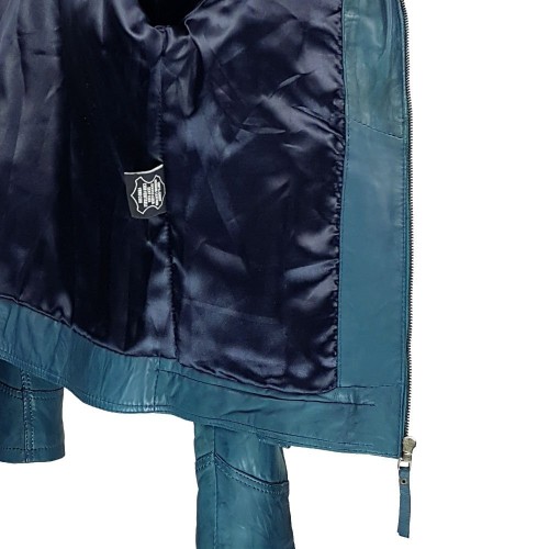 Blouson cuir femme vert turquoise, col chemise et zip droit