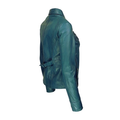 Blouson cuir femme vert turquoise, col chemise et zip droit