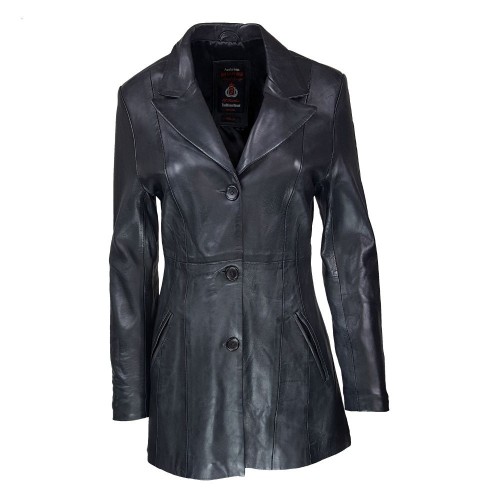 Veste 3/4 femme en cuir d’agneau noir, style redingote élégant