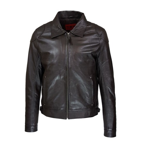 Blouson en cuir d’agneau marron foncé avec col chemise amovible et finitions soignées