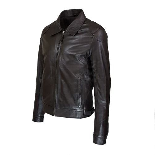 Blouson en cuir d’agneau marron foncé avec col chemise amovible et finitions soignées