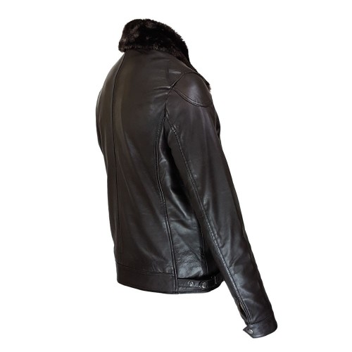 Blouson en cuir d’agneau marron foncé avec col chemise amovible et finitions soignées