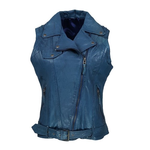 Gilet sans manches femme en cuir d’agneau bleu, coupe cintrée avec fermeture asymétrique et ceinture ajustable.